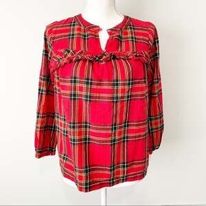 J Crew red plaid ruffle cotton top size XXS flannel classiccore preppy